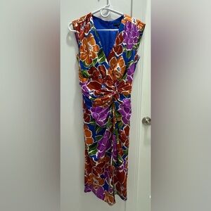 Maggy London Orange Pink Ruched Asymmetrical Cocktail Dress